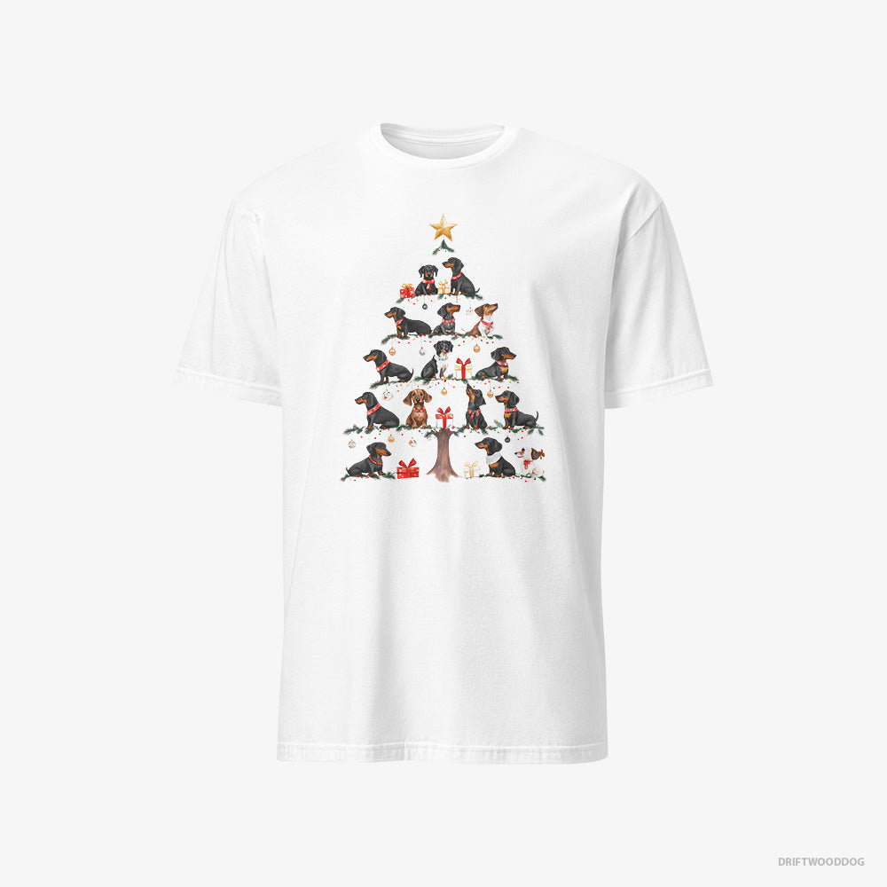 Dachshund T-Shirt – Men White T-Shirt Classic – Puppies Forming Christmas Tree (on White Background)