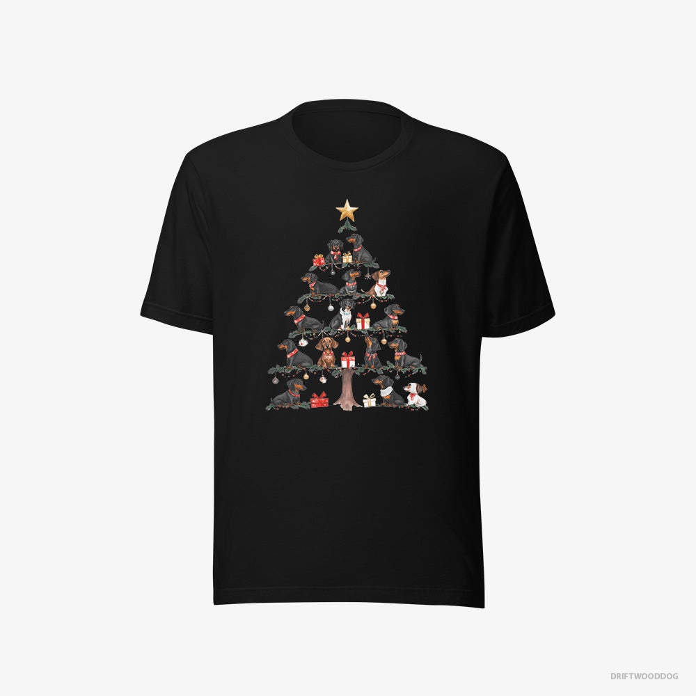 Dachshund T-Shirt – Women Black T-Shirt Eco-Friendly – Puppies Forming Christmas Tree (on White Background)