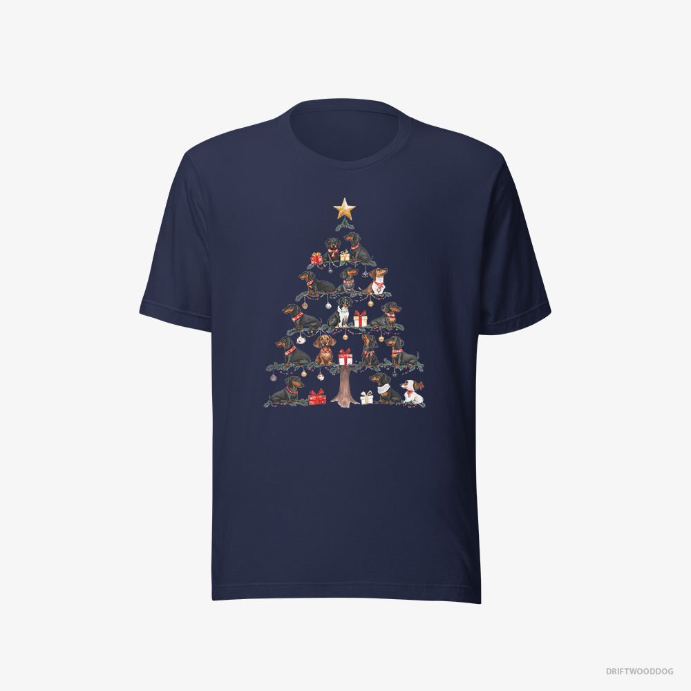 Dachshund T-Shirt – Women Navy T-Shirt Eco-Friendly – Puppies Forming Christmas Tree (on White Background)