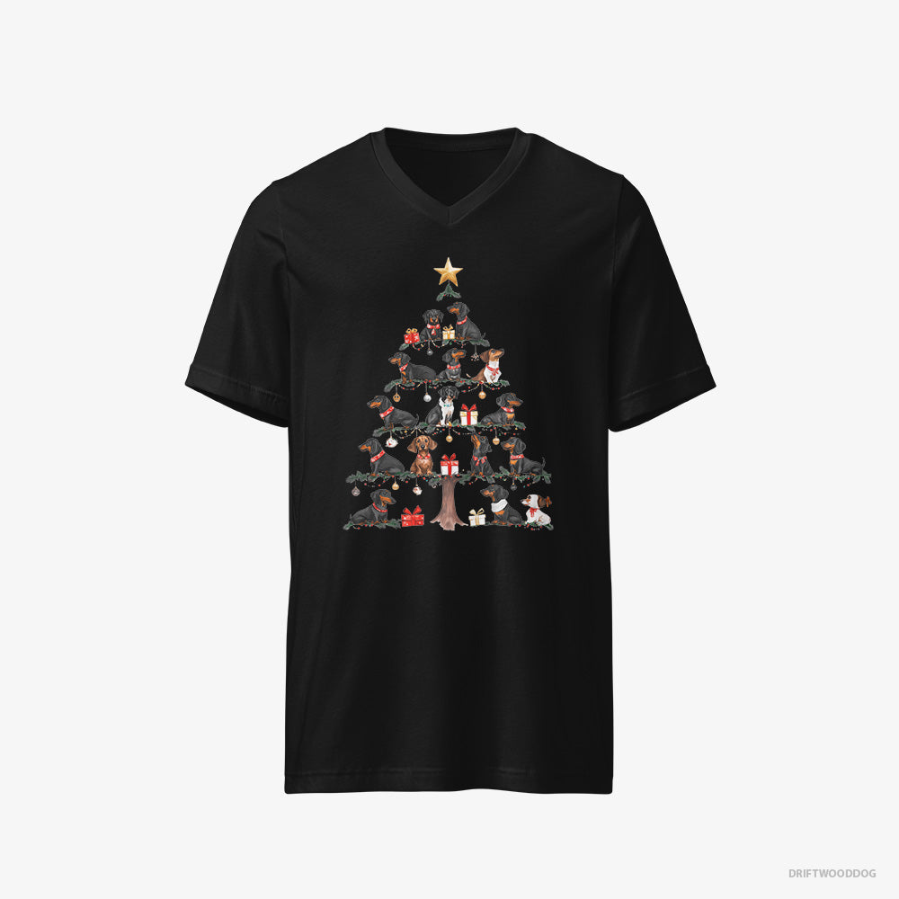 Dachshund T-Shirt – Men Black T-Shirt V-Neck – Puppies Forming Christmas Tree (on White Background)