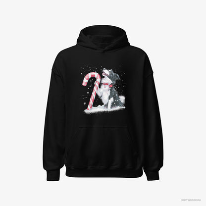 Border Collie Hoodie – Men Black Hoodie Classic – with a Christmas Candy Cane (on White Background)