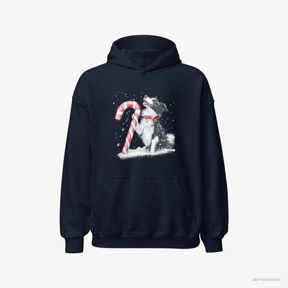 Border Collie with a Christmas Candy Cane Navy Hoodie