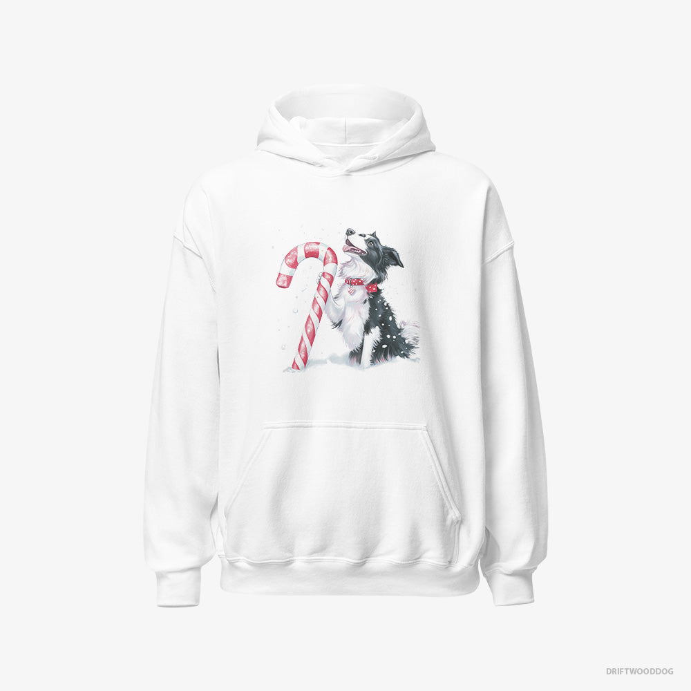 Border Collie Hoodie – Men White Hoodie Classic – with a Christmas Candy Cane (on White Background)