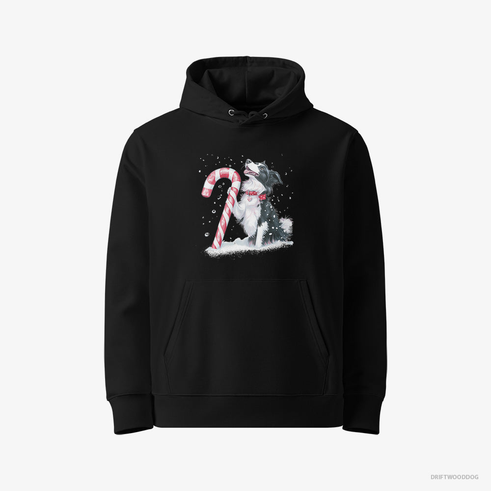 Border Collie Hoodie – Men Black Hoodie Eco-Friendly – with a Christmas Candy Cane (on White Background)