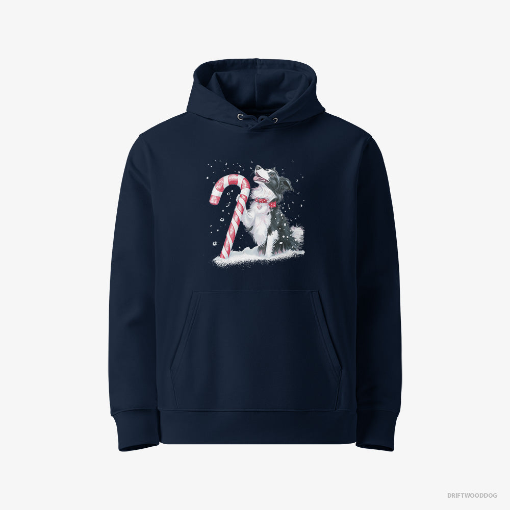 Border Collie Hoodie – Men Navy Hoodie Eco-Friendly – with a Christmas Candy Cane (on White Background)