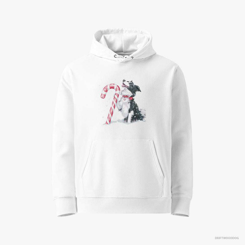 Border Collie Hoodie – Men White Hoodie Eco-Friendly – with a Christmas Candy Cane (on White Background)