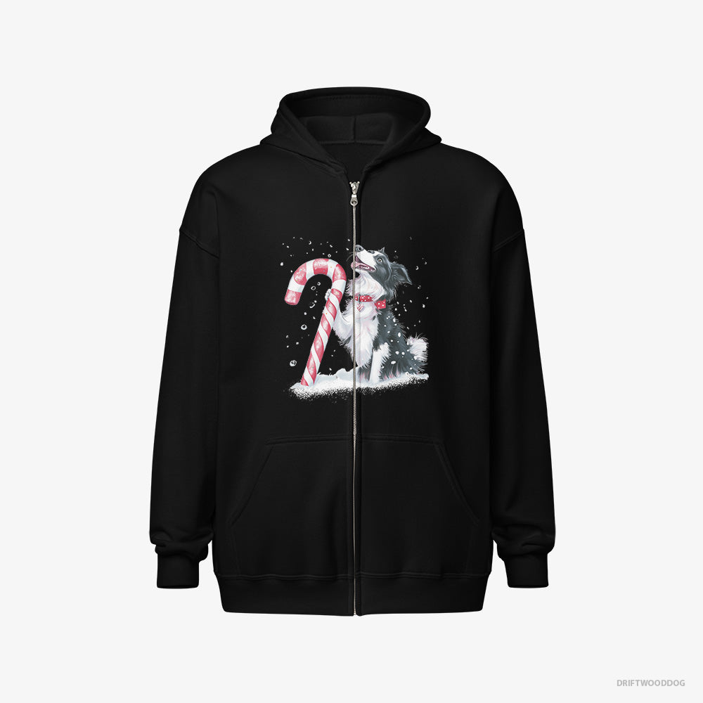 Border Collie Hoodie – Men Black Hoodie Full-Zip – with a Christmas Candy Cane (on White Background)