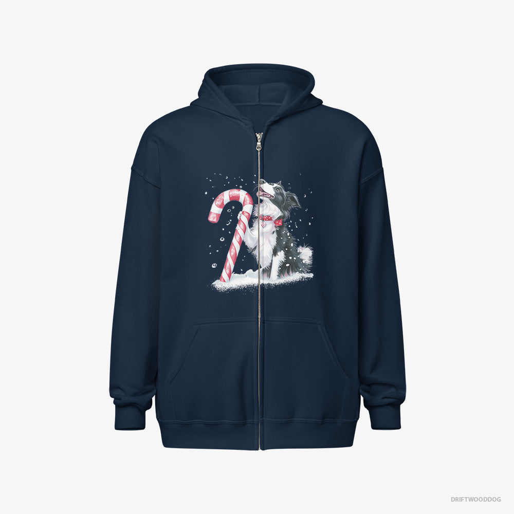 Adorable Border Collie with a Christmas Candy Cane – Women's Hoodie Navy Full-Zip – Full-Zip