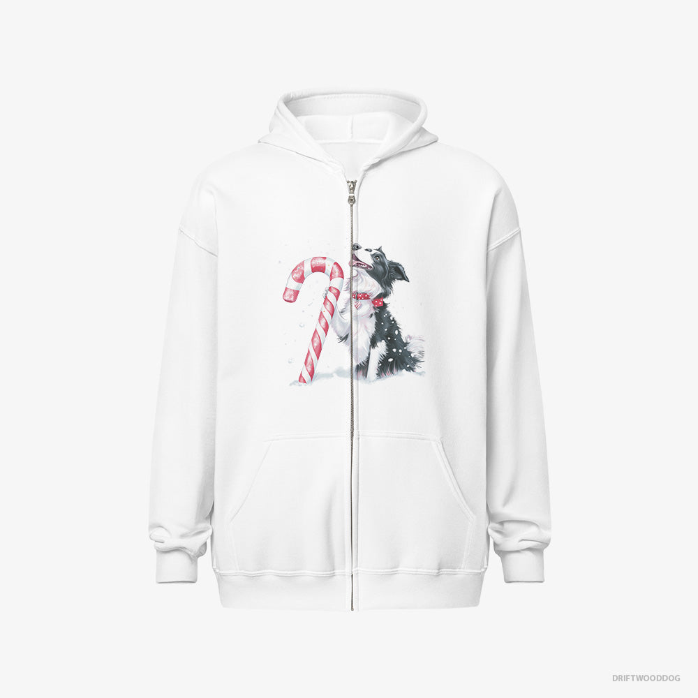 Border Collie Hoodie – Men White Hoodie Full-Zip – with a Christmas Candy Cane (on White Background)