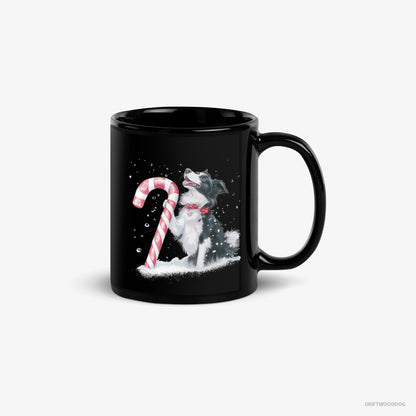 Border Collie Mug – Unisex Black Mug Classic – with a Christmas Candy Cane (on White Background)