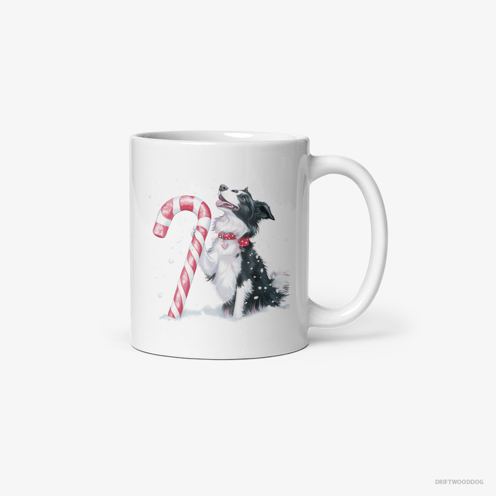 Border Collie Mug – Unisex White Mug Classic – with a Christmas Candy Cane (on White Background)