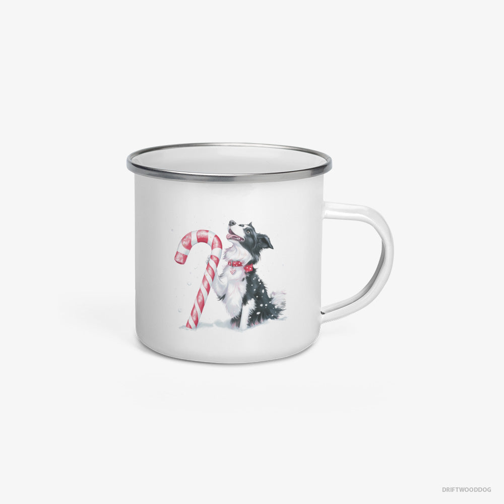 Border Collie Mug – Unisex White Mug Enamel – with a Christmas Candy Cane (on White Background)