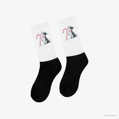 Border Collie Socks – Unisex White and Black Socks Classic – with a Christmas Candy Cane (on White Background)