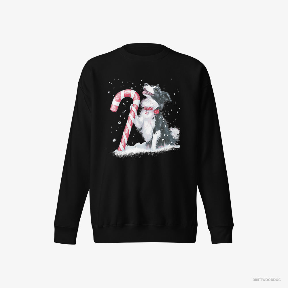 Border Collie Sweatshirt – Men Black Sweatshirt Eco-Friendly – with a Christmas Candy Cane (on White Background)