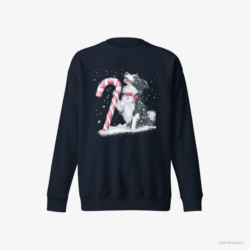 Border Collie Sweatshirt – Men Navy Sweatshirt Eco-Friendly – with a Christmas Candy Cane (on White Background)