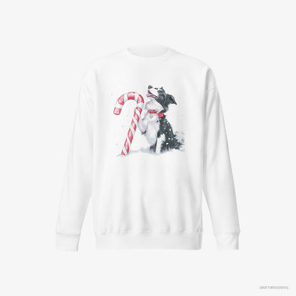 Border Collie Sweatshirt – Men White Sweatshirt Eco-Friendly – with a Christmas Candy Cane (on White Background)