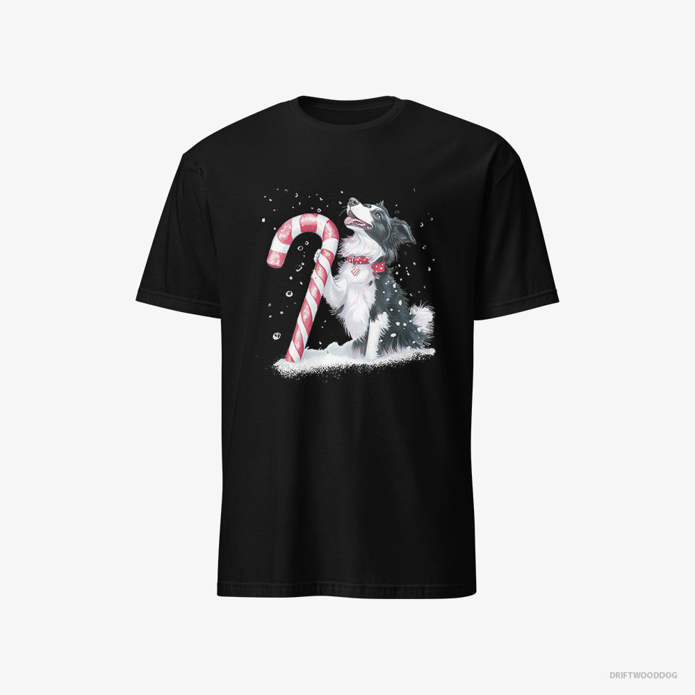 Border Collie T-Shirt – Men Black T-Shirt Classic – with a Christmas Candy Cane (on White Background)