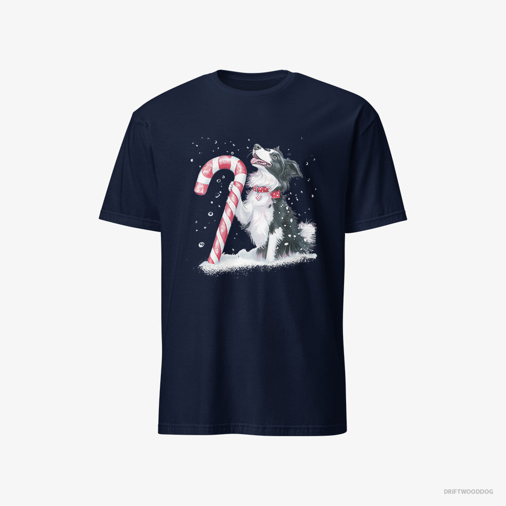 Border Collie T-Shirt – Men Navy T-Shirt Classic – with a Christmas Candy Cane (on White Background)