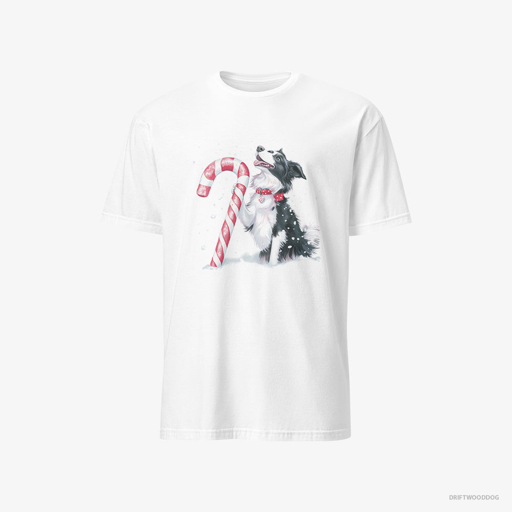 Border Collie T-Shirt – Men White T-Shirt Classic – with a Christmas Candy Cane (on White Background)