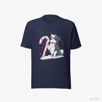 Border Collie with a Christmas Candy Cane Navy T-Shirt