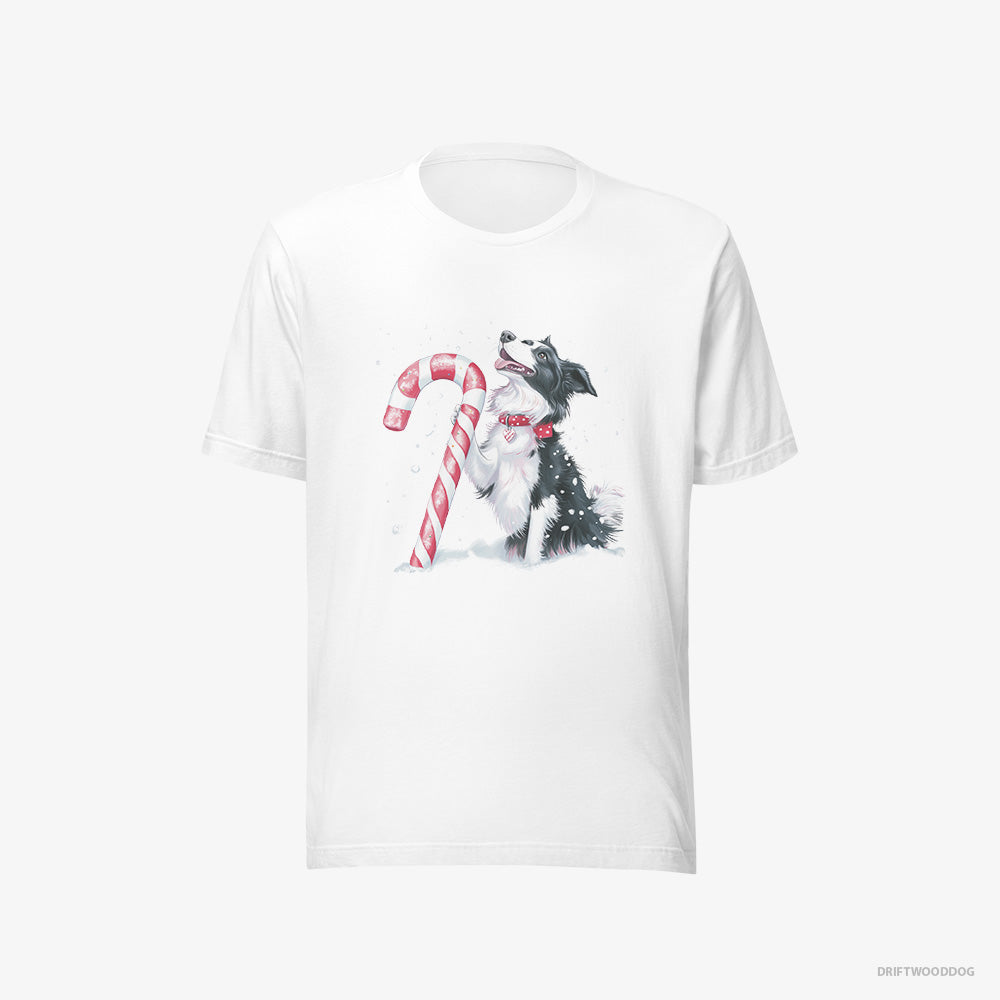 Border Collie T-Shirt – Men White T-Shirt Eco-Friendly – with a Christmas Candy Cane (on White Background)