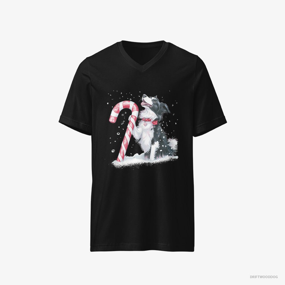 Border Collie T-Shirt – Men Black T-Shirt V-Neck – with a Christmas Candy Cane (on White Background)