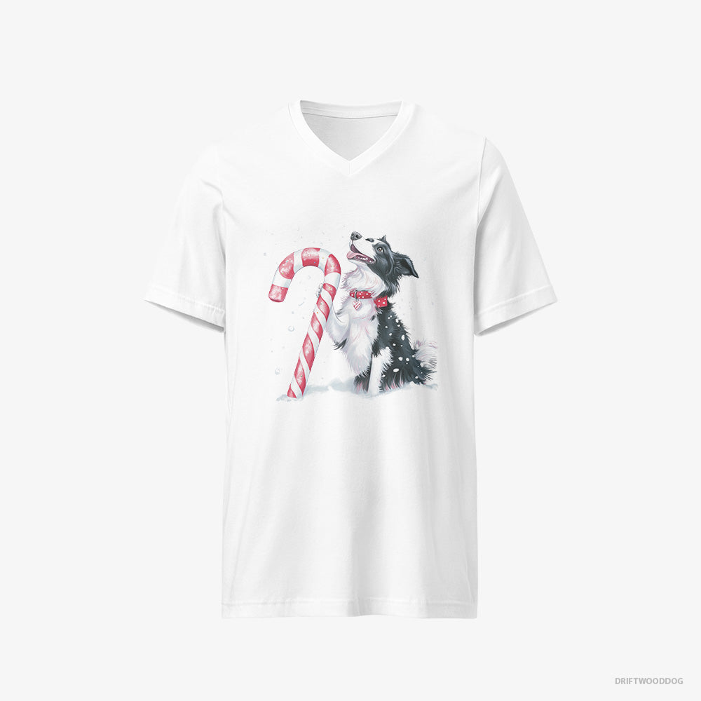 Border Collie T-Shirt – Men White T-Shirt V-Neck – with a Christmas Candy Cane (on White Background)