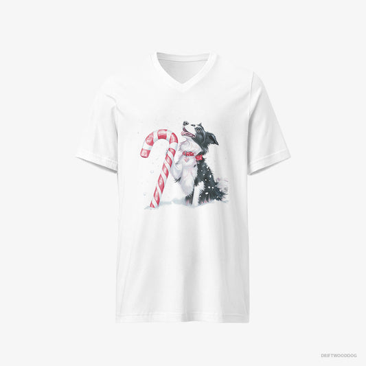 Adorable Border Collie with a Christmas Candy Cane – Men's T-Shirt White V-Neck – V-Neck