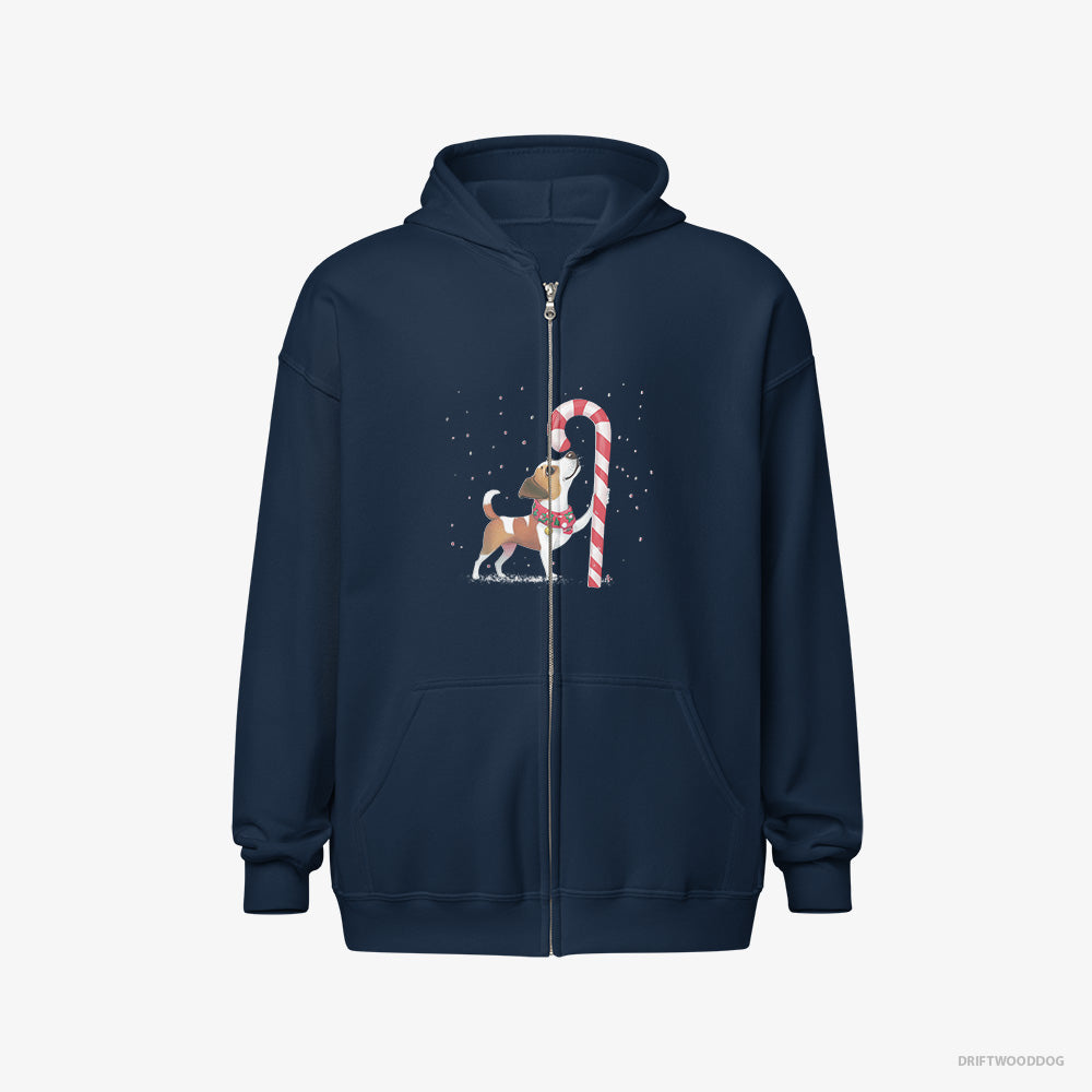 Jack Russell Terrier Hoodie – Men Navy Hoodie Full-Zip – Finding Christmas Candy Cane (on White Background)