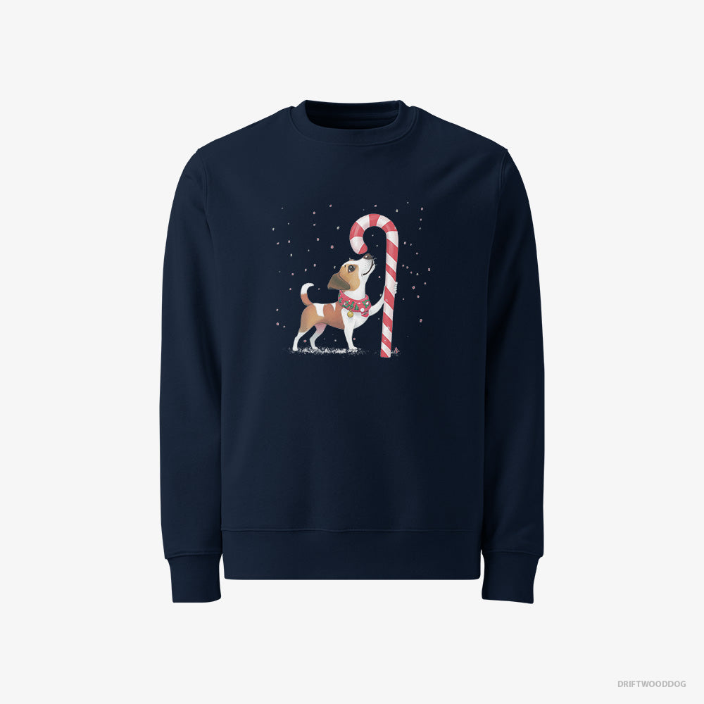 Jack Russell Terrier Sweatshirt – Men Navy Sweatshirt Classic – Finding Christmas Candy Cane (on White Background)