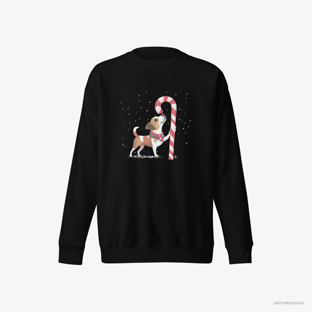 Jack Russell Terrier Sweatshirt – Women Black Sweatshirt Eco-Friendly – Finding Christmas Candy Cane (on White Background)