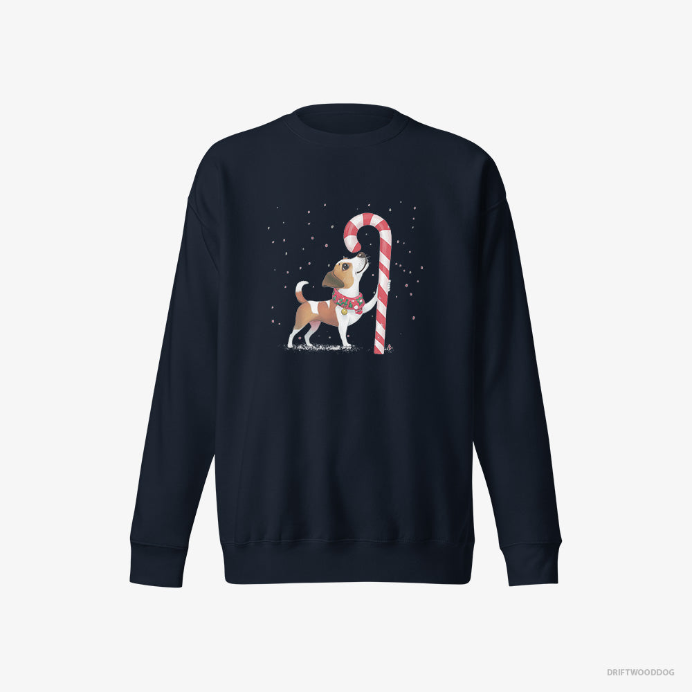 Jack Russell Terrier Sweatshirt – Men Navy Sweatshirt Eco-Friendly – Finding Christmas Candy Cane (on White Background)