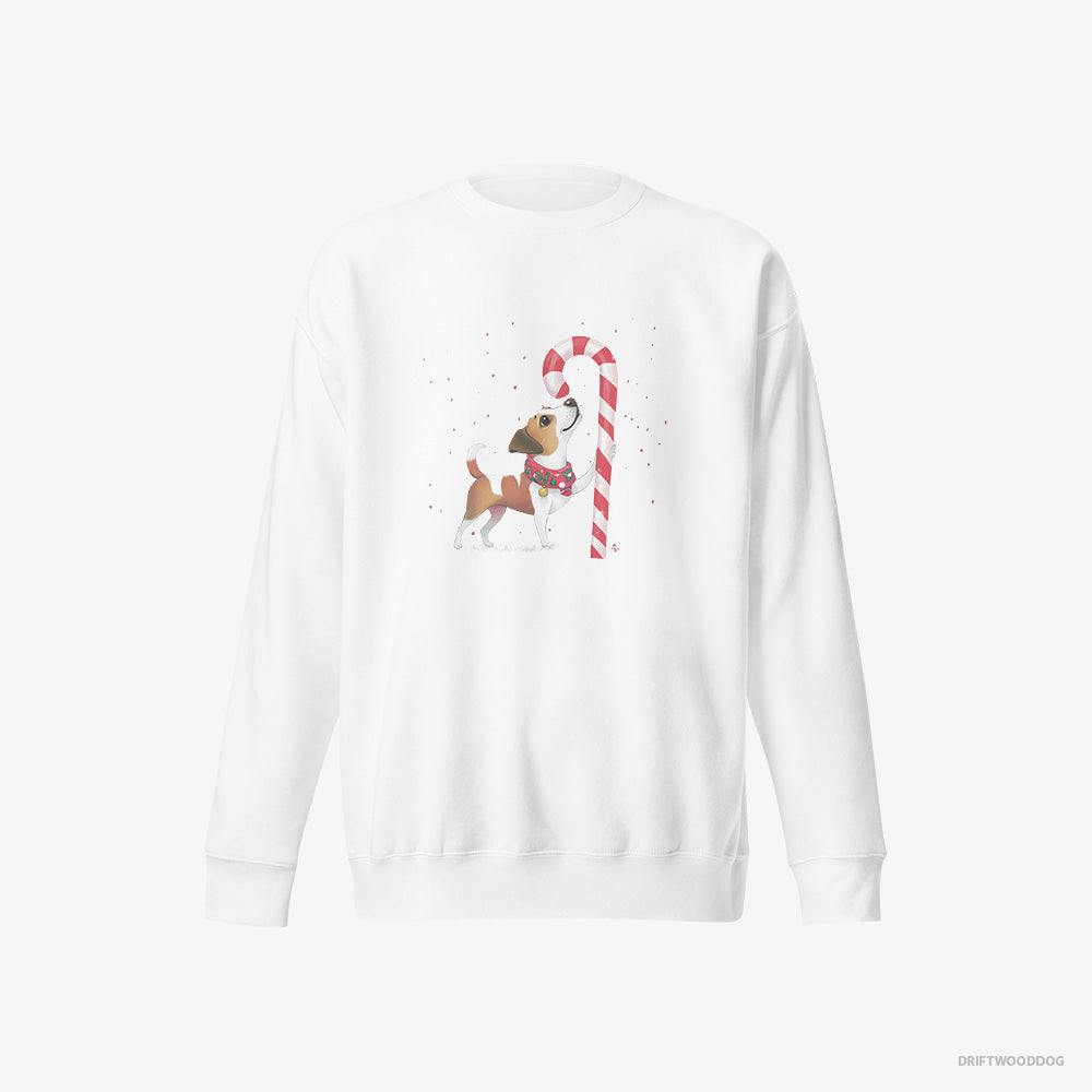 Jack Russell Terrier Sweatshirt – Men White Sweatshirt Eco-Friendly – Finding Christmas Candy Cane (on White Background)