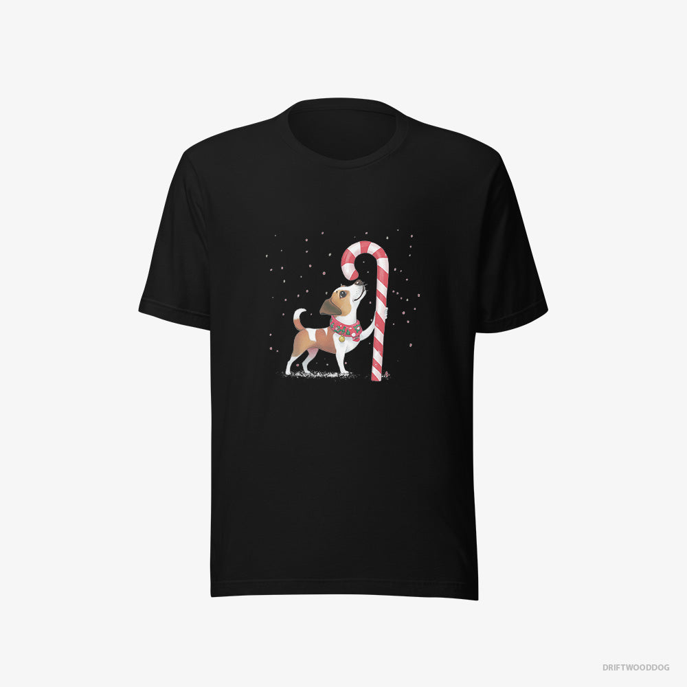 Jack Russell Terrier T-Shirt – Men Black T-Shirt Eco-Friendly – Finding Christmas Candy Cane (on White Background)