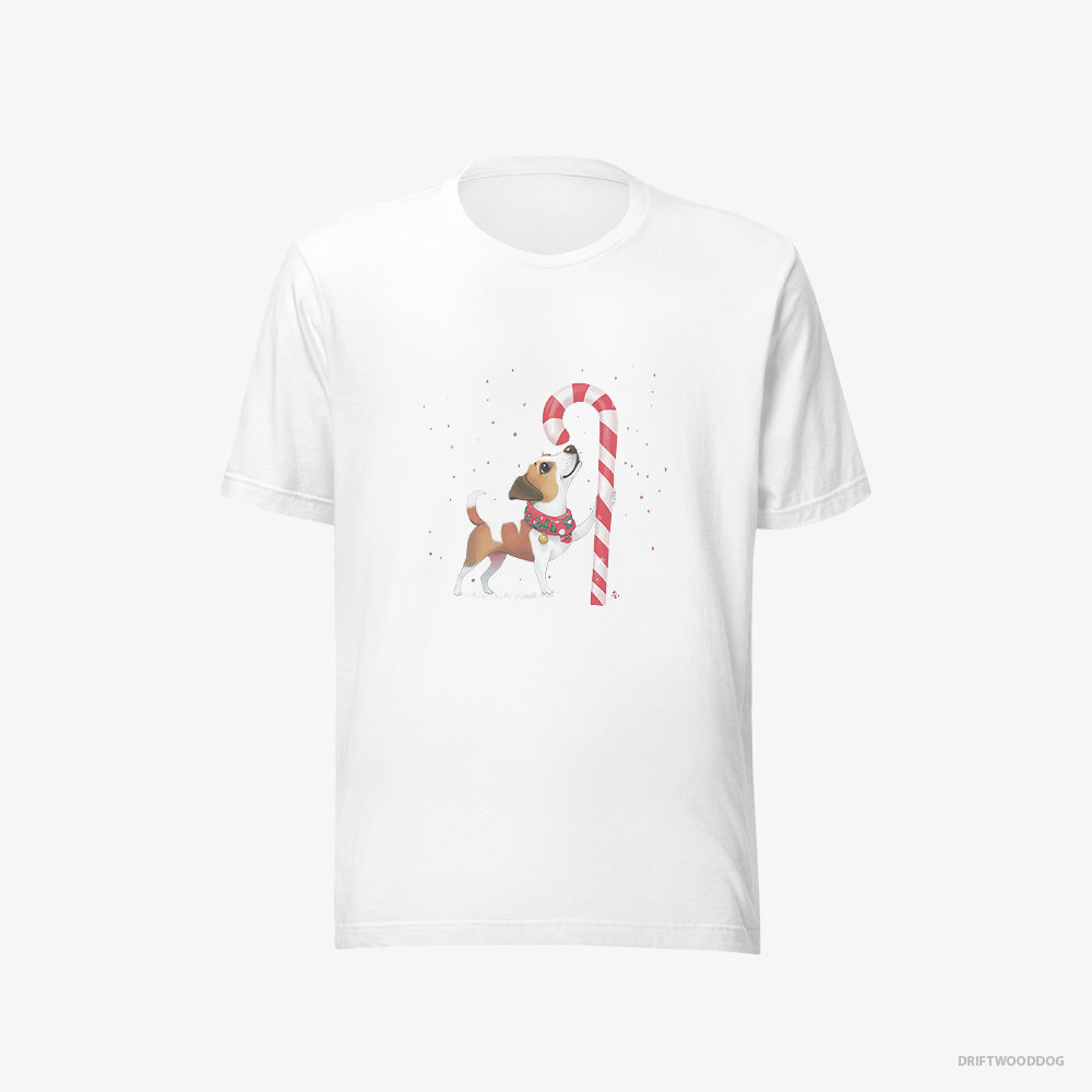 Jack Russell Terrier T-Shirt – Men White T-Shirt Eco-Friendly – Finding Christmas Candy Cane (on White Background)