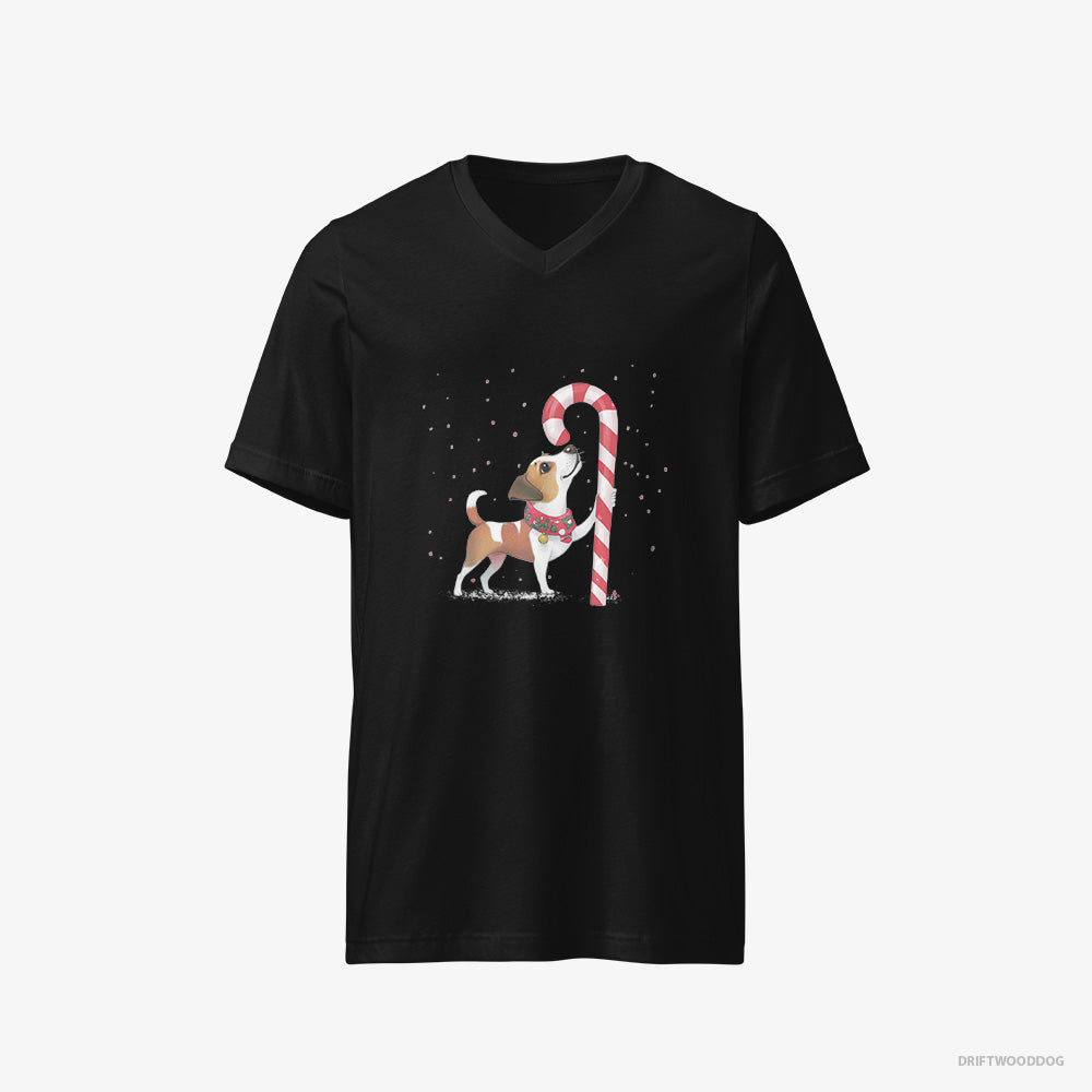 Jack Russell Terrier T-Shirt – Men Black T-Shirt V-Neck – Finding Christmas Candy Cane (on White Background)