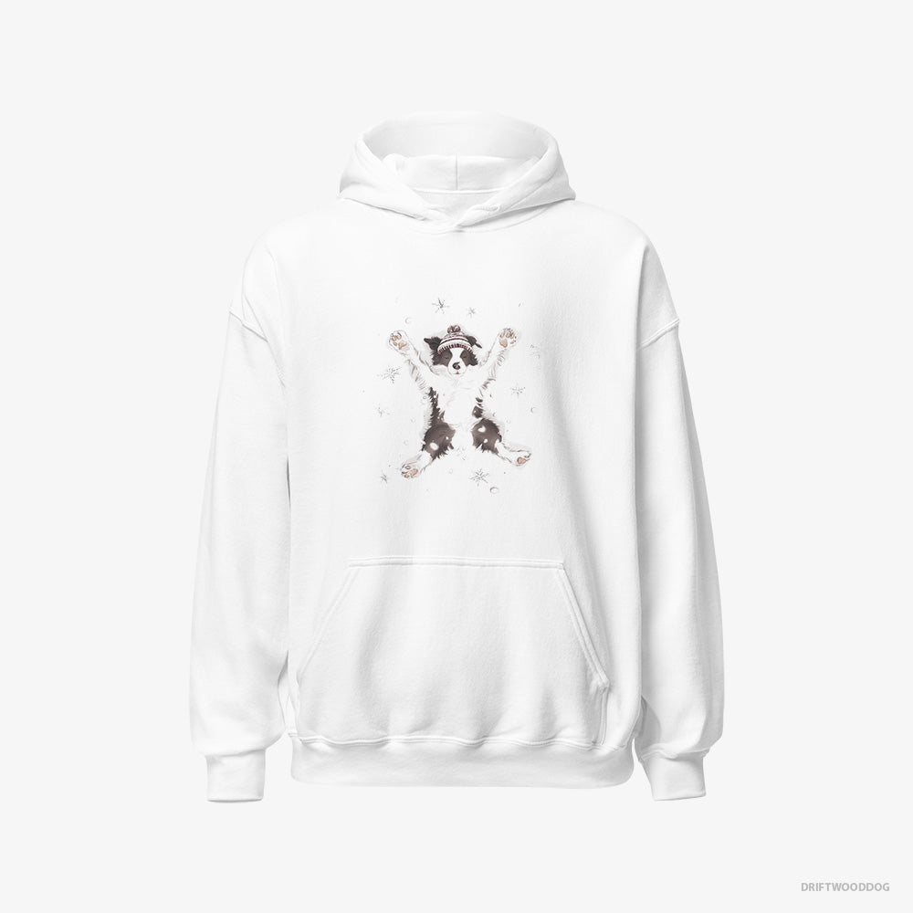 Border Collie Hoodie – Men White Hoodie Classic – Creating a Snow Angel (on White Background)