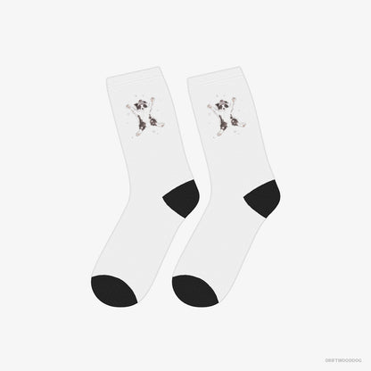 Border Collie Socks – Unisex White Socks Classic – Creating a Snow Angel (on White Background)