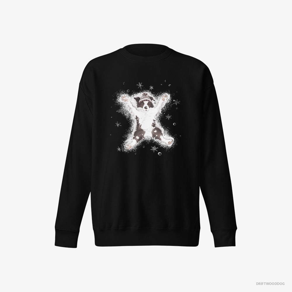 Border Collie Sweatshirt – Women Black Sweatshirt Eco-Friendly – Creating a Snow Angel (on White Background)