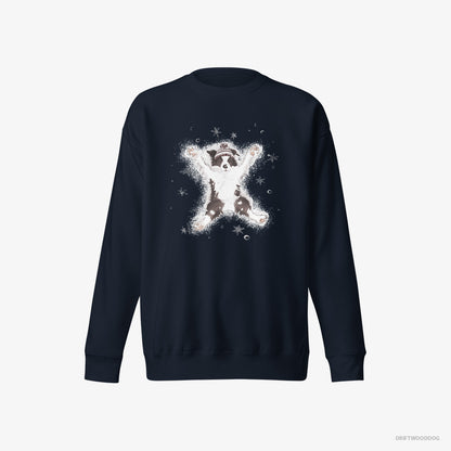 Border Collie Sweatshirt – Men Navy Sweatshirt Eco-Friendly – Creating a Snow Angel (on White Background)