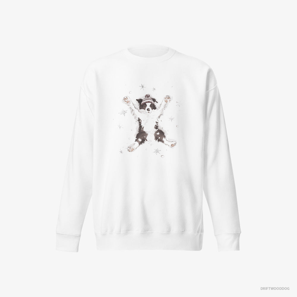 Border Collie Sweatshirt – Men White Sweatshirt Eco-Friendly – Creating a Snow Angel (on White Background)