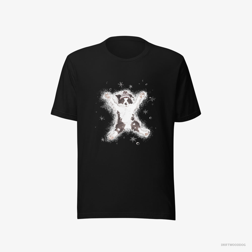 Border Collie T-Shirt – Women Black T-Shirt Eco-Friendly – Creating a Snow Angel (on White Background)