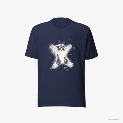 Border Collie T-Shirt – Men Navy T-Shirt Eco-Friendly – Creating a Snow Angel (on White Background)