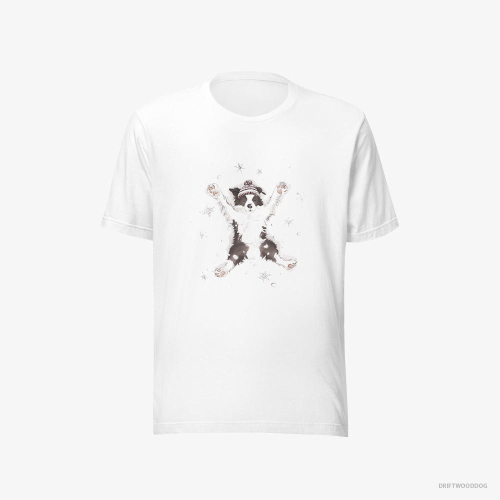 Border Collie T-Shirt – Men White T-Shirt Eco-Friendly – Creating a Snow Angel (on White Background)