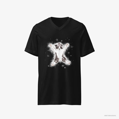 Border Collie T-Shirt – Men Black T-Shirt V-Neck – Creating a Snow Angel (on White Background)