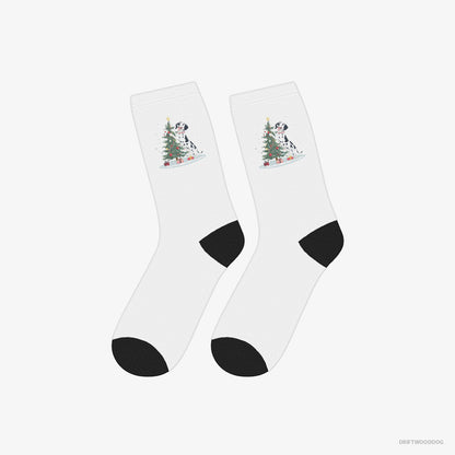 Dalmatian Socks – Unisex White Socks Classic – Styling the Christmas Tree (on White Background)