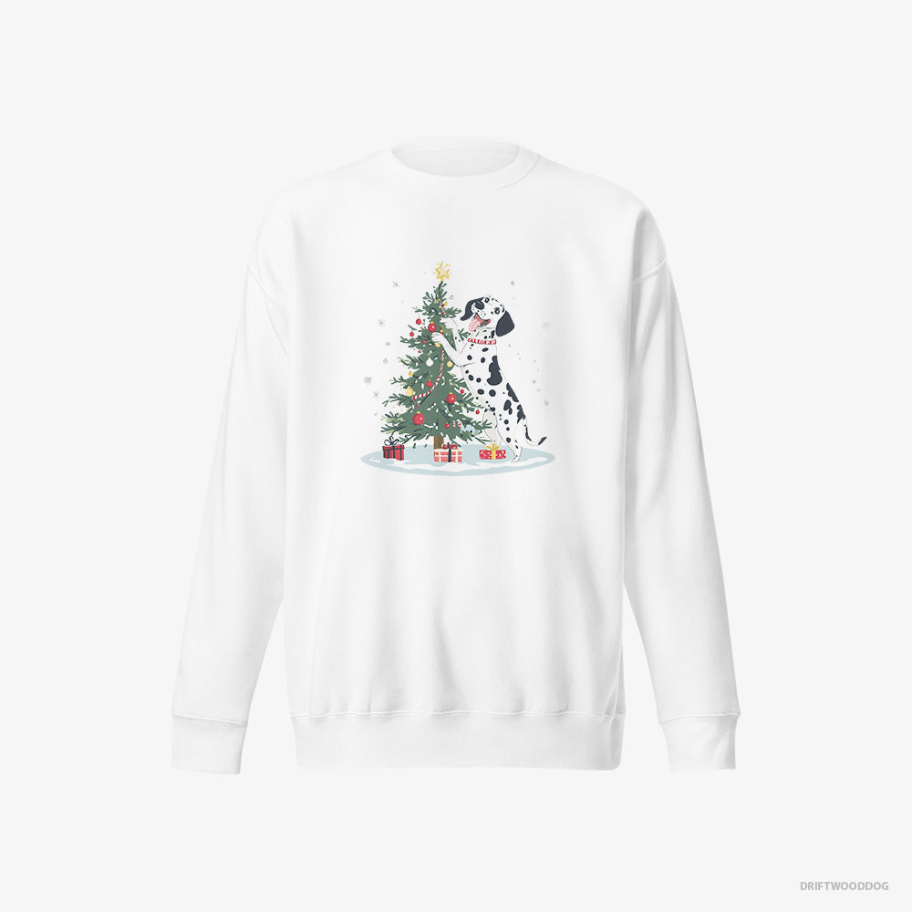 Dalmatian Sweatshirt – Men White Sweatshirt Eco-Friendly – Styling the Christmas Tree (on White Background)