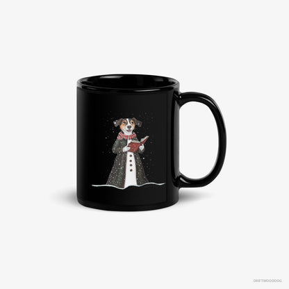 Jack Russell Terrier Mug – Unisex Black Mug Classic – Carolling for Christmas (on White Background)