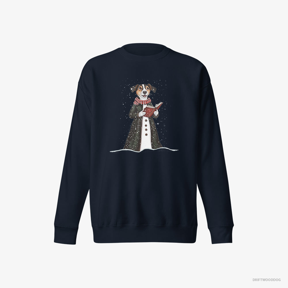 Jack Russell Terrier Sweatshirt – Men Navy Sweatshirt Eco-Friendly – Carolling for Christmas (on White Background)