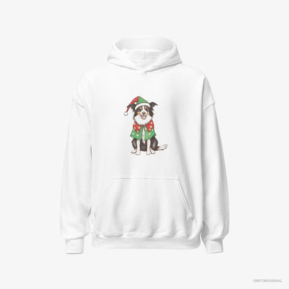 Border Collie Hoodie – Men White Hoodie Classic – in a Colorful Elf Outfit (on White Background)